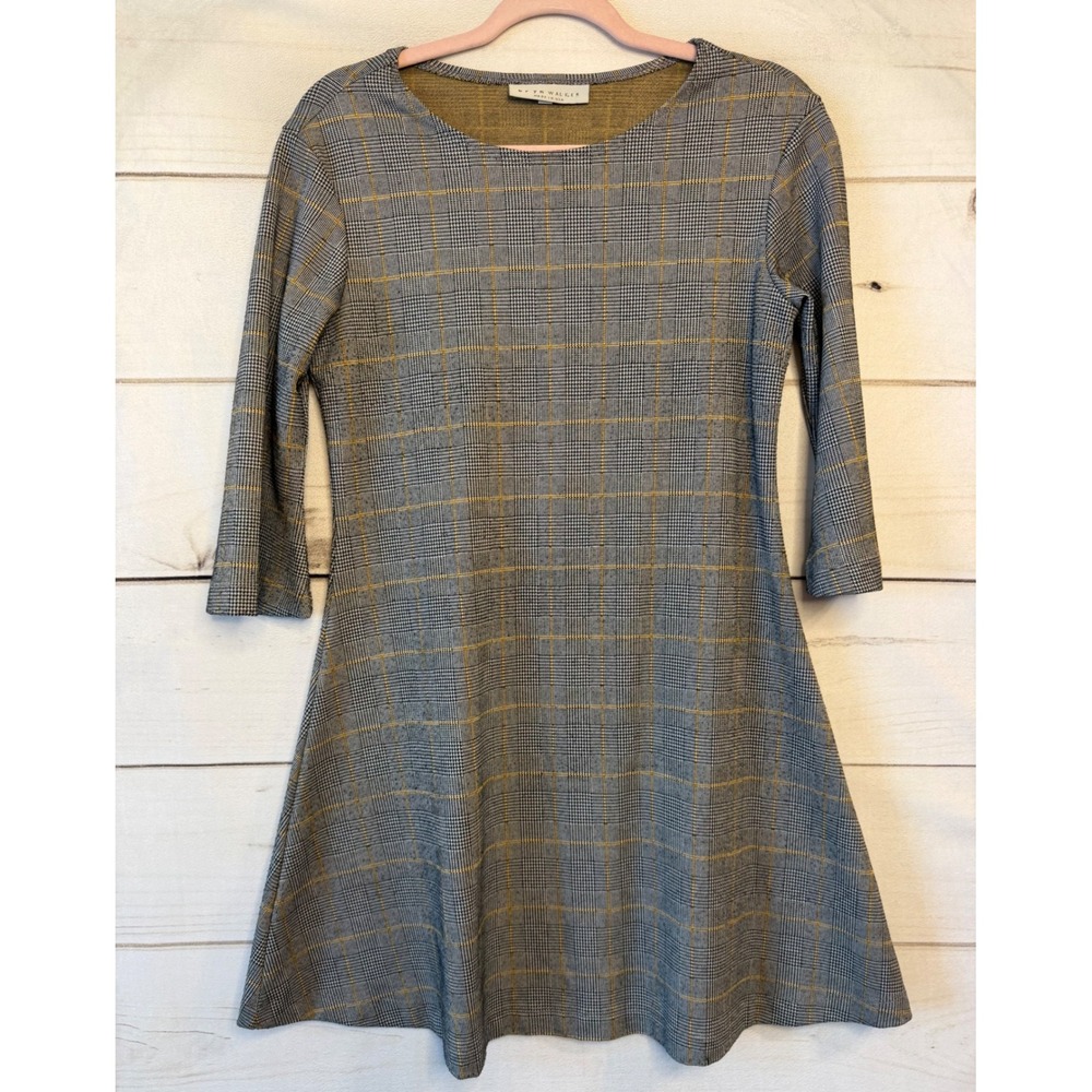 Bryn Walker Grey Mustard Plaid A-Line Dress 3/4 Sleeve XS Made in USA Tunic